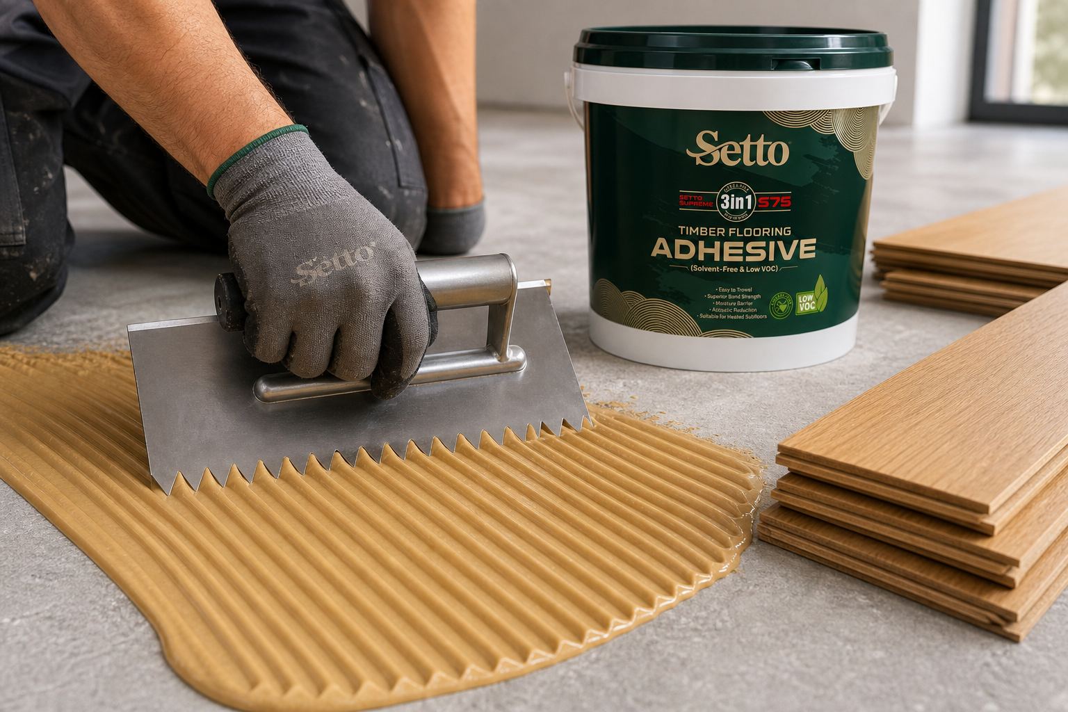 Installer applying SETTO Supreme S75 to a prepared subfloor