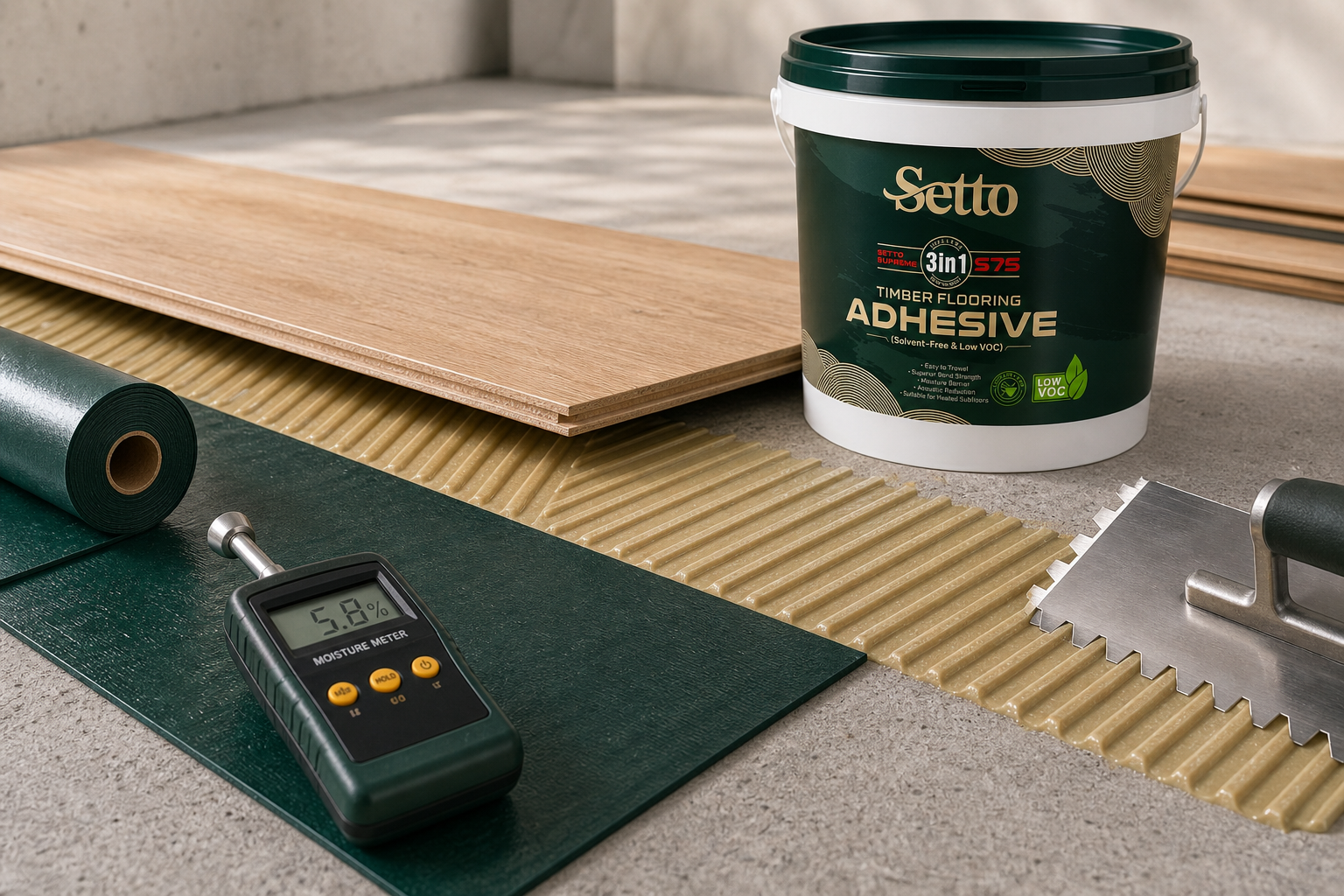 Moisture barrier support preparation with subfloor and adhesive ridges