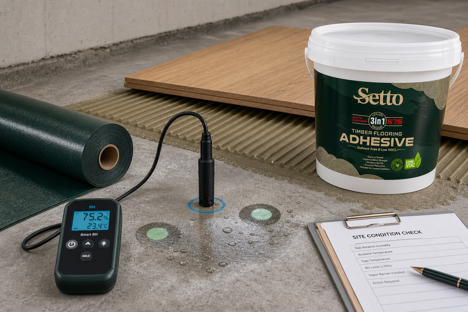Moisture barrier support preparation with subfloor and adhesive ridges