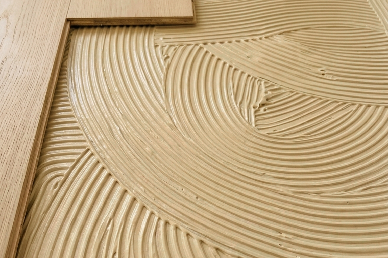 SETTO Supreme S75 adhesive ridges prepared for timber flooring installation