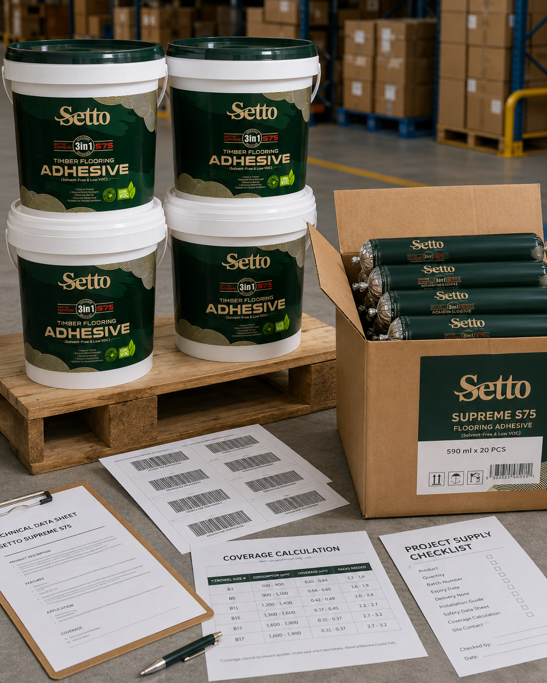 SETTO Supreme S75 commercial flooring adhesive supply and logistics