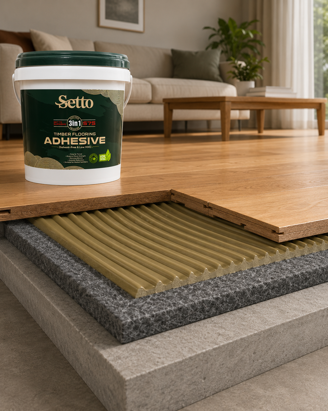 Elastic foot-traffic comfort timber flooring installation detail