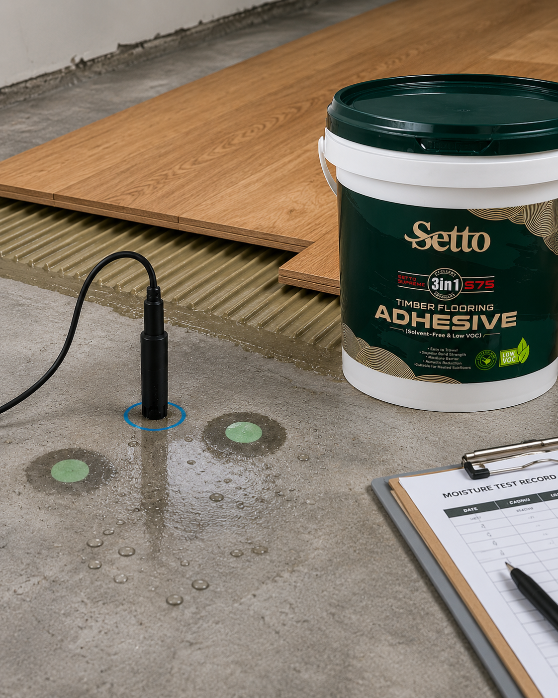 Moisture barrier support preparation with subfloor and adhesive ridges