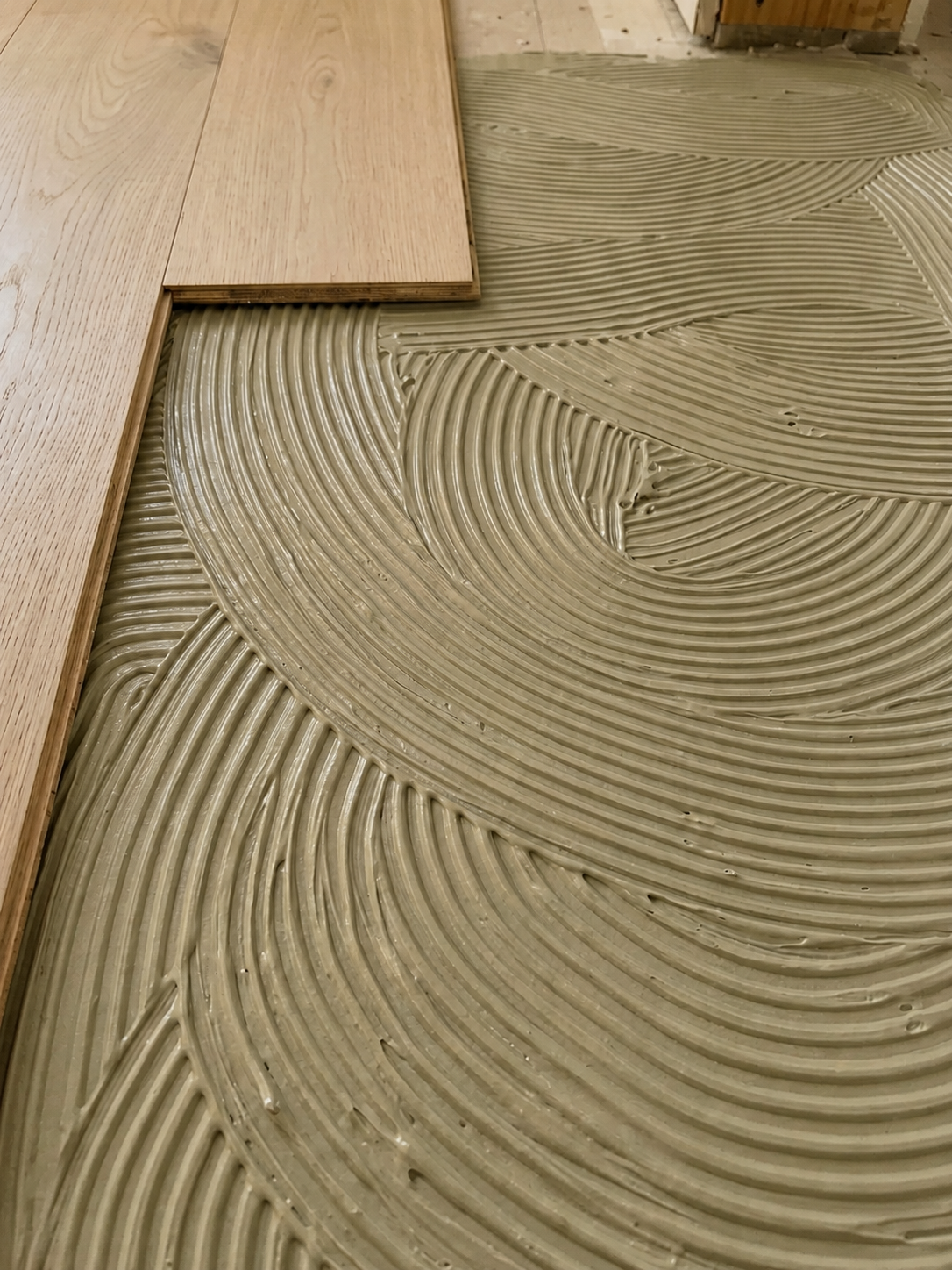 SETTO Supreme S75 adhesive ridges prepared for timber flooring installation