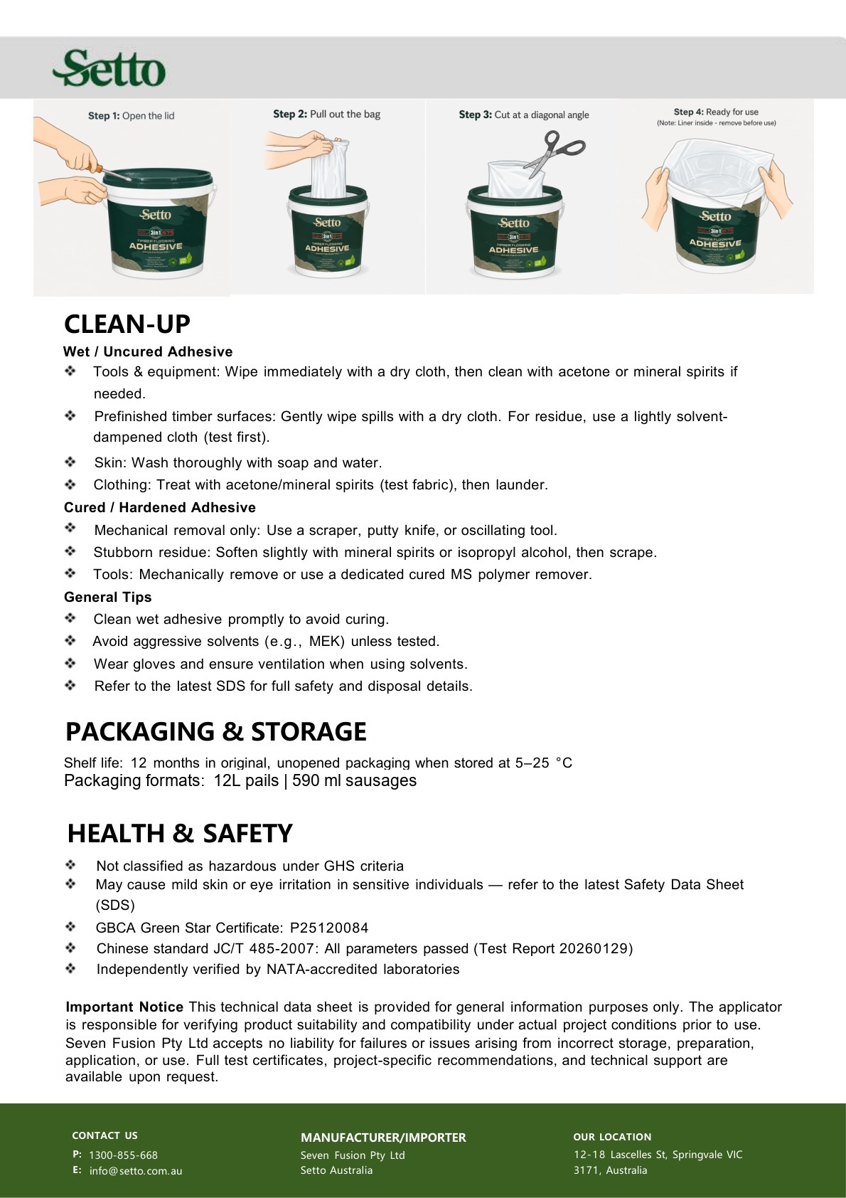 SETTO safety and storage guidance