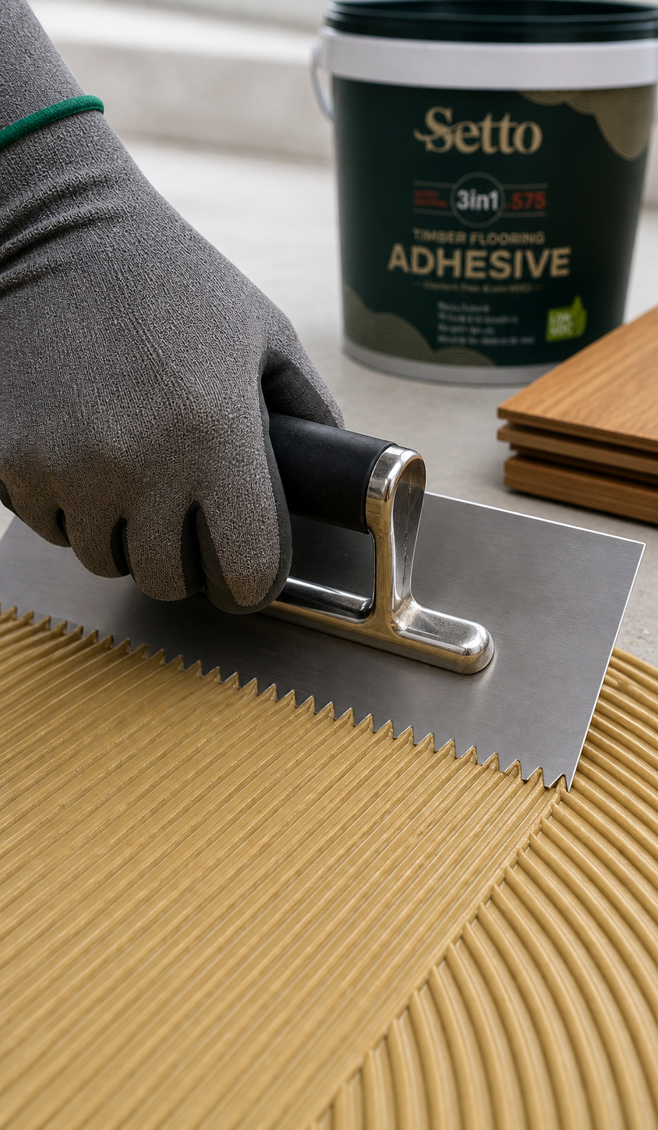 Installer applying SETTO Supreme S75 to a prepared subfloor