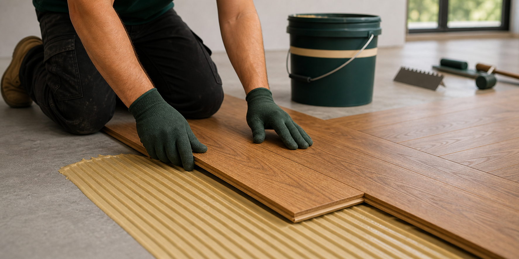 Timber flooring placed into wet adhesive bed illustration