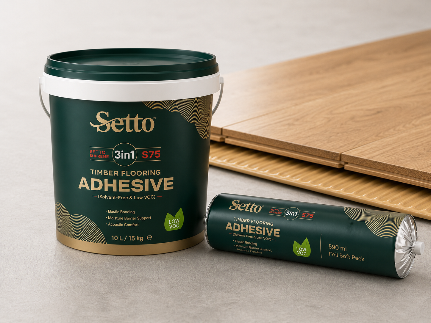 SETTO Supreme S75 10L pail and 600 ml foil soft pack on timber flooring
