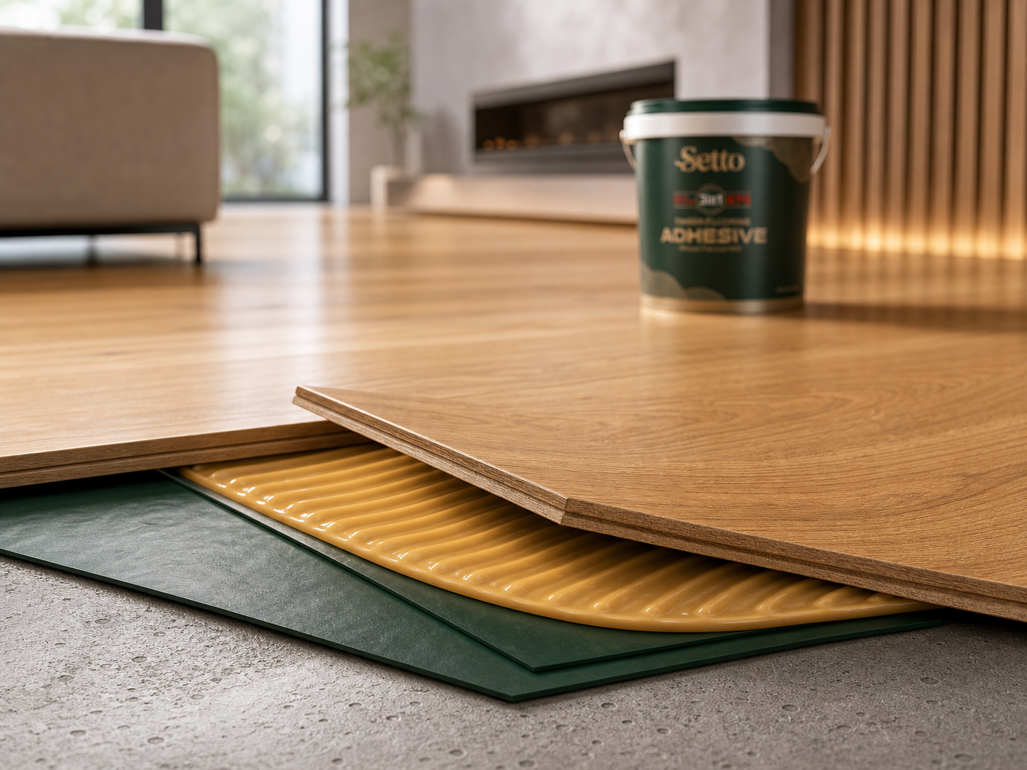 Elastic foot-traffic comfort timber flooring installation detail