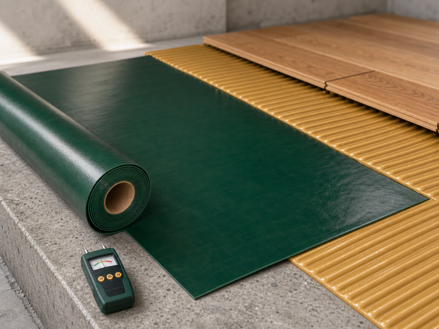 Moisture barrier support preparation with subfloor and adhesive ridges