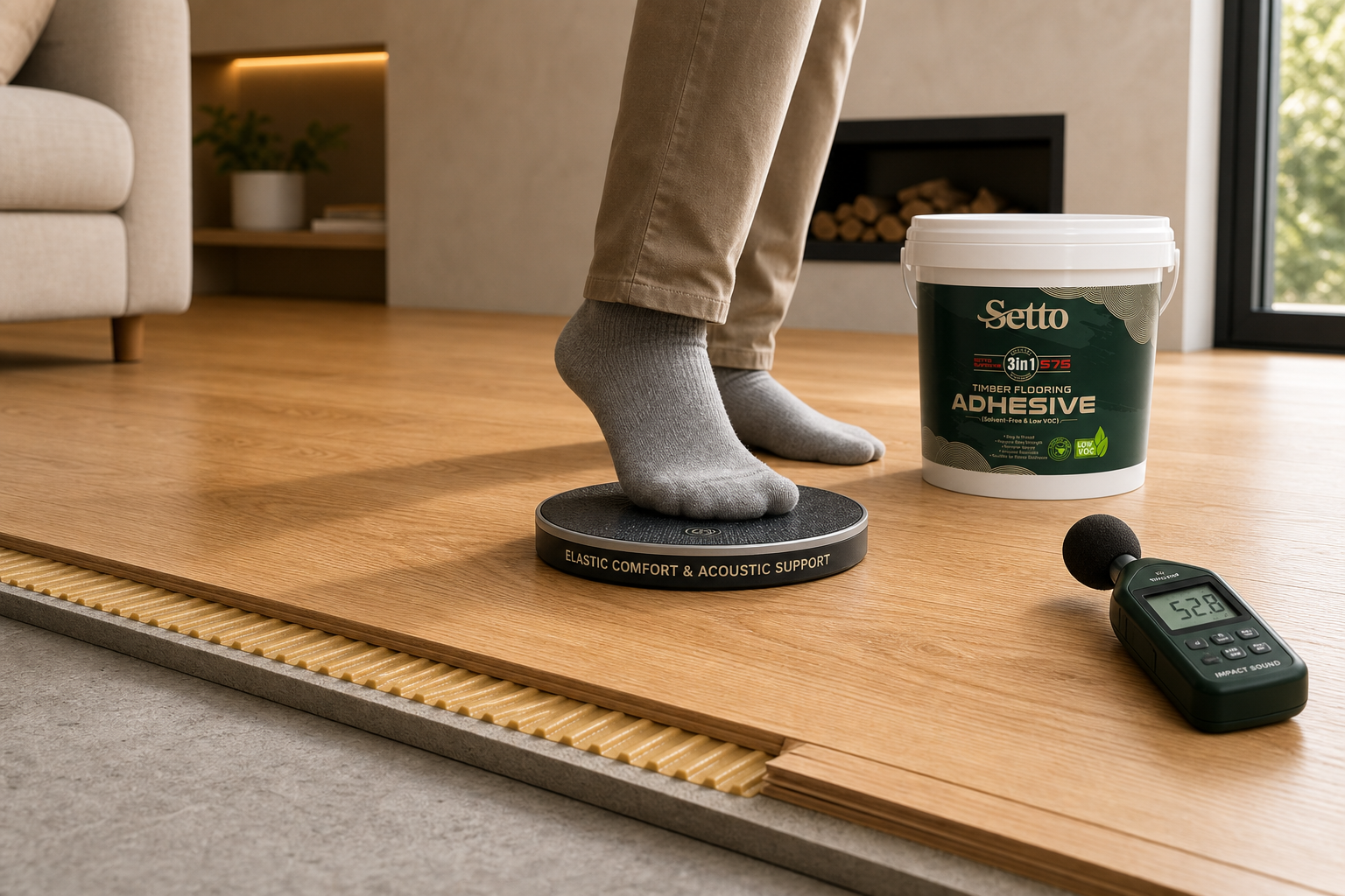 Elastic foot-traffic comfort timber flooring installation detail